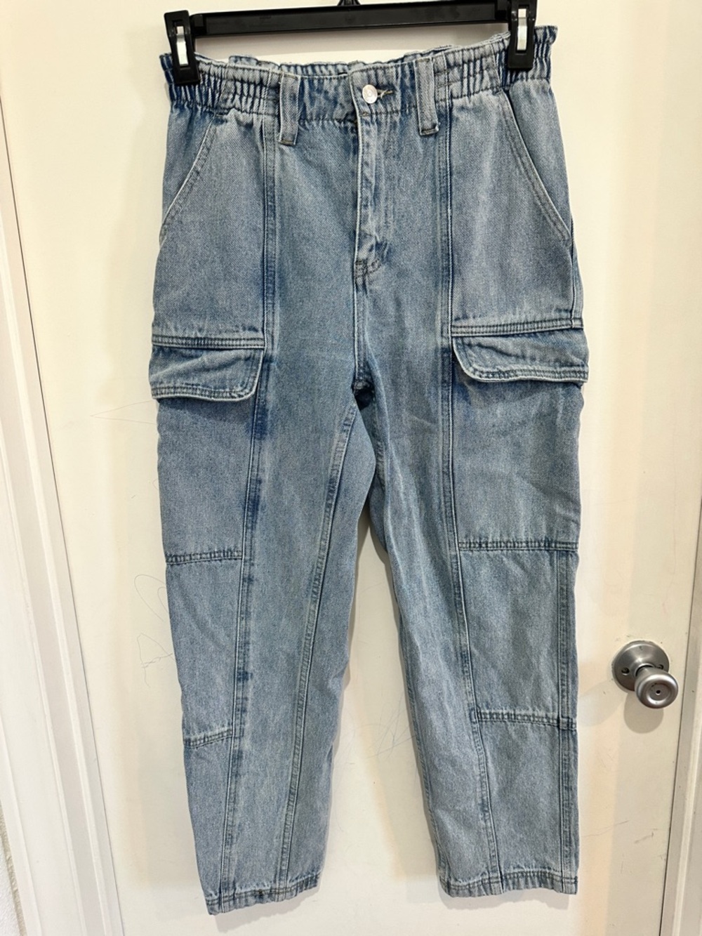 Light Blue Women's High Rise Cargo Denim Jeans with Utility Pockets